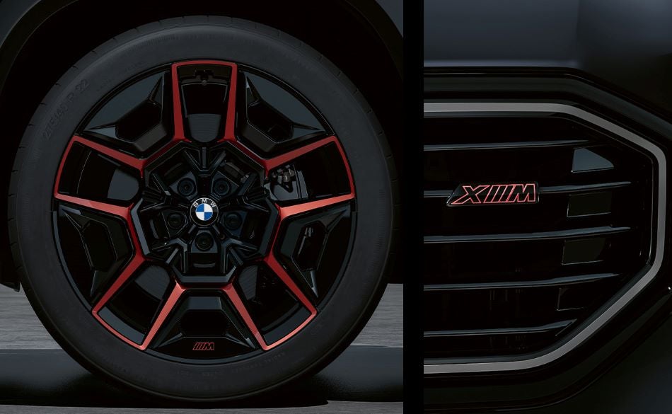 Detailed images of exclusive 22” M Wheels with red accents and XM badging on Illuminated Kidney Grille. in BMW of Dayton | Dayton OH