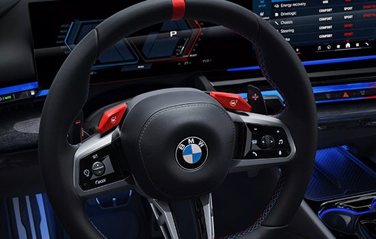 Close-up view of BMW M5 Touring steering wheel. | BMW of Dayton in Dayton OH