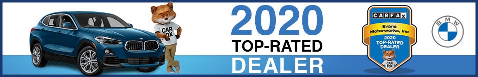 banner image, and going from left to right, a blue BMW SUV with the CarFax fox leaning on it, the text "2020 Top-Rated Dealer" in the center, and a CarFax certification on the right next to a BMW logo
